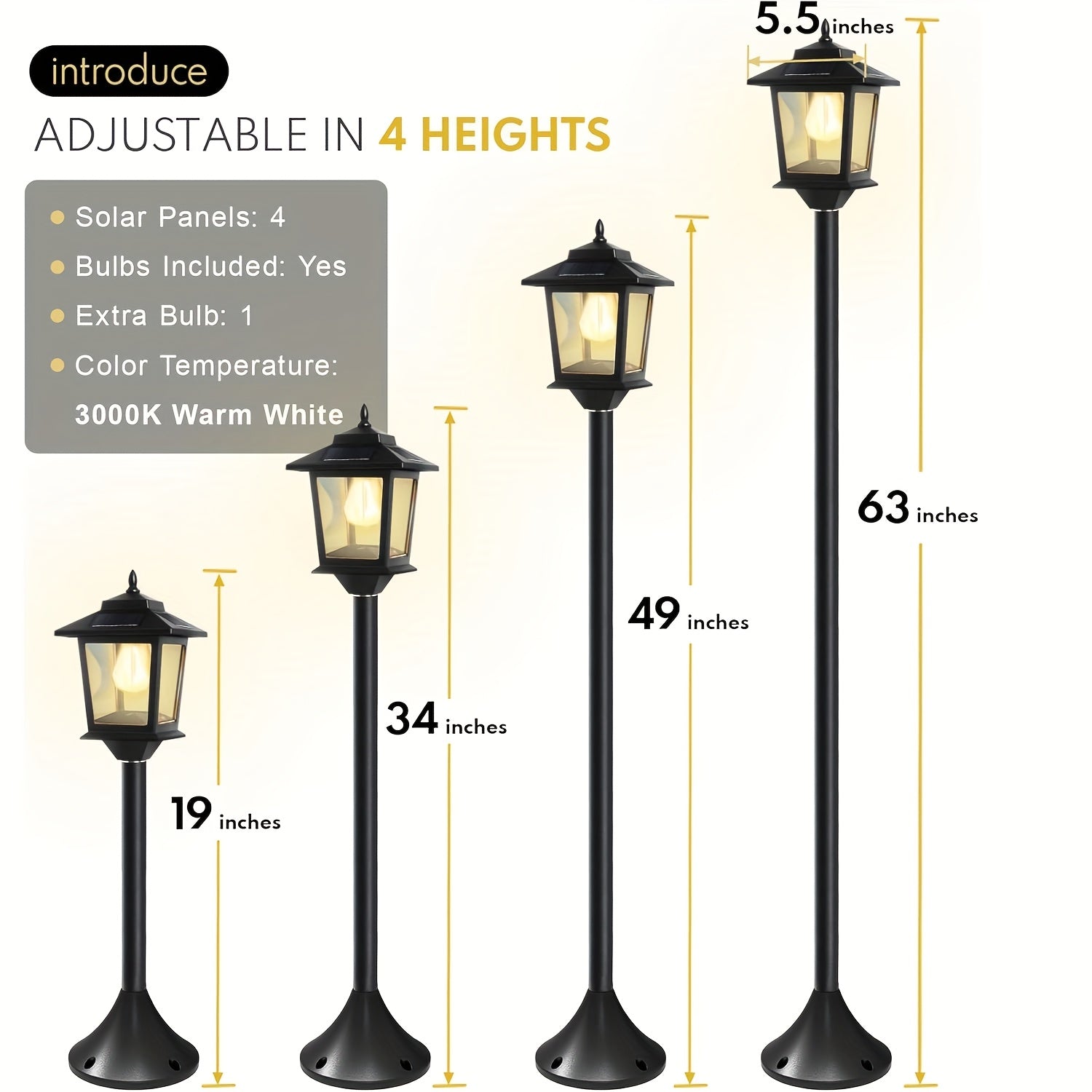 2 Unidades de Lâmpadas Solares de Poste de 63 Polegadas, Luzes de Poste para Exterior, Decorações de Natal, Luzes de Poste para Jardim, Pátio, Gramado, Caminho, Entrada, Porta da Frente/Traseira, Branco Quente, Lâmpada Substituível