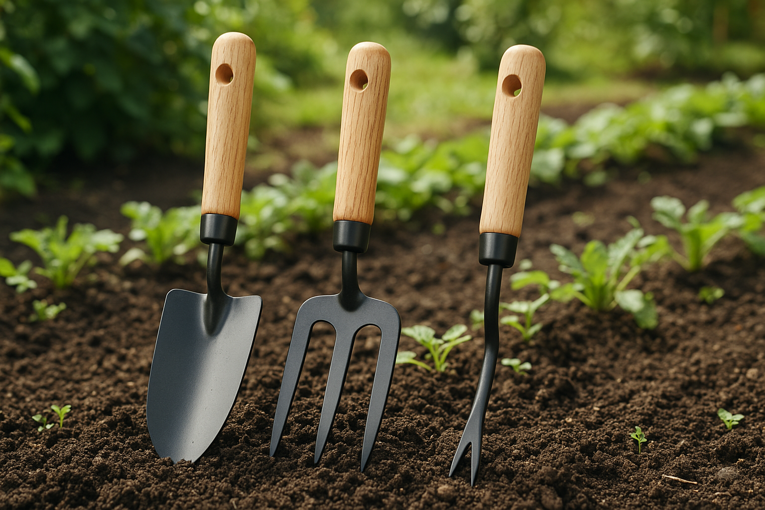 Kit 3 Ferramentas de Jardim Cabo Madeira Pá Garfo Removedor