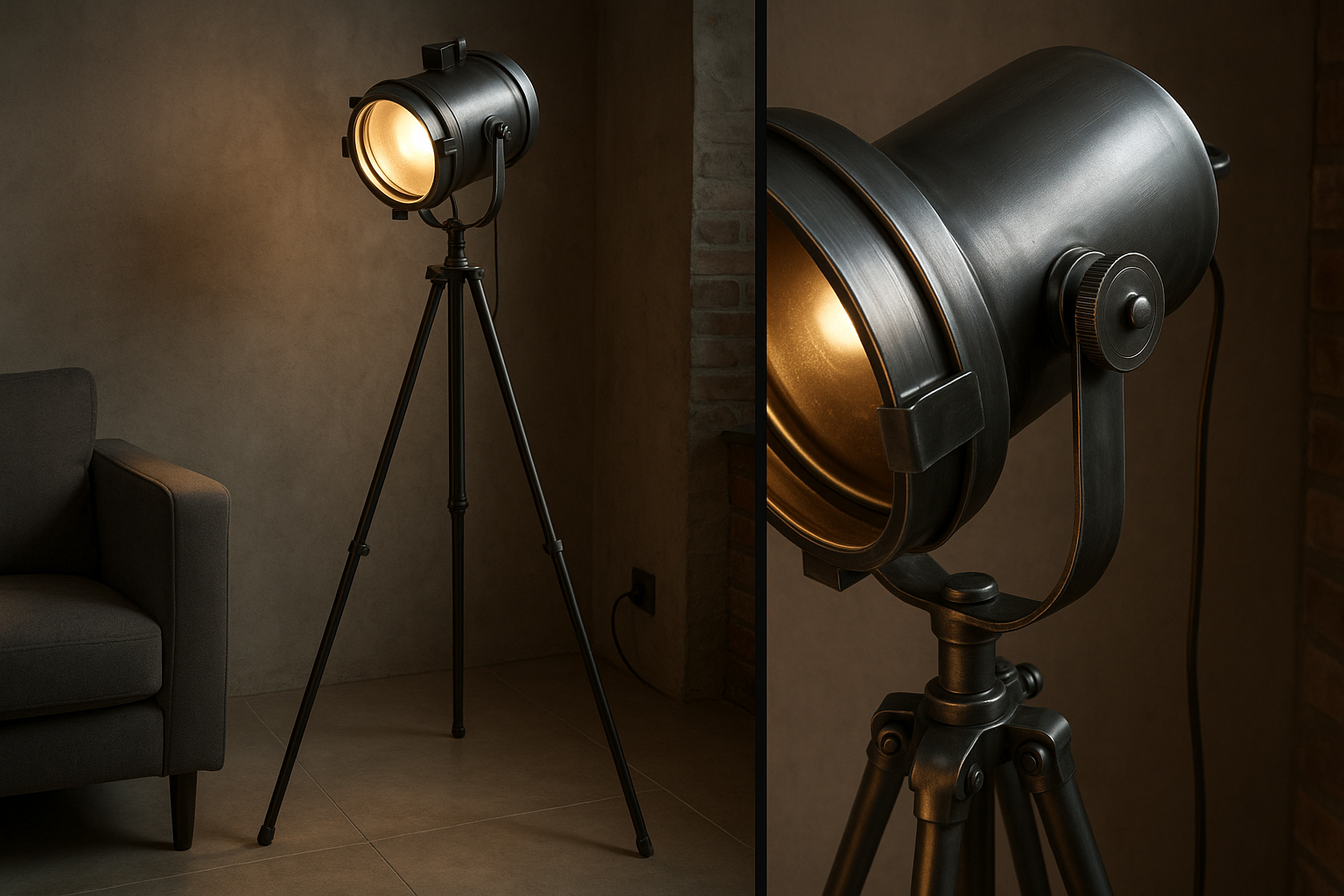 Luminária de Chão Industrial Tripé Metal Preto Spot Ajustável 160cm