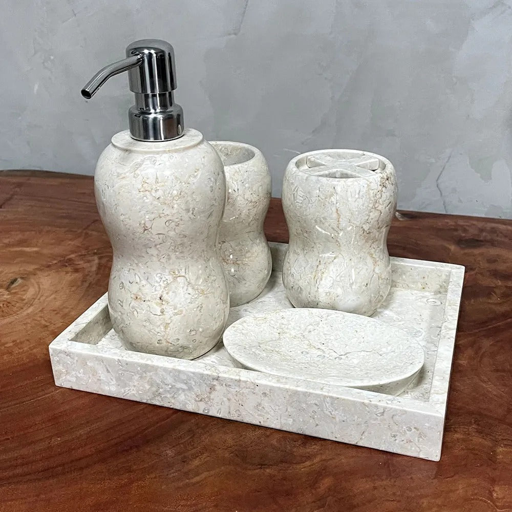 Conjunto de Banheiro em Mármore Natural Travertino Branco - 5 peças