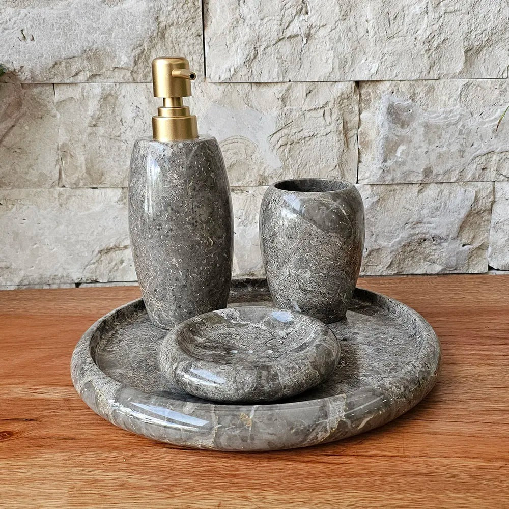 Conjunto de Banheiro em Mármore Natural Cinza - 4 peças