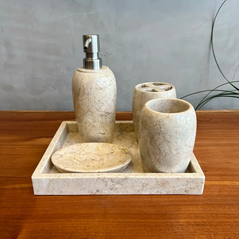 Conjunto de Banheiro em Mármore Natural Travertino Cream - 5 peças