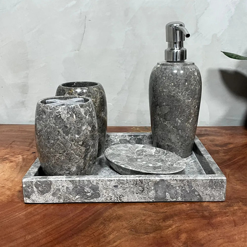 Conjunto de Banheiro em Mármore Natural Cinza - 5 peças