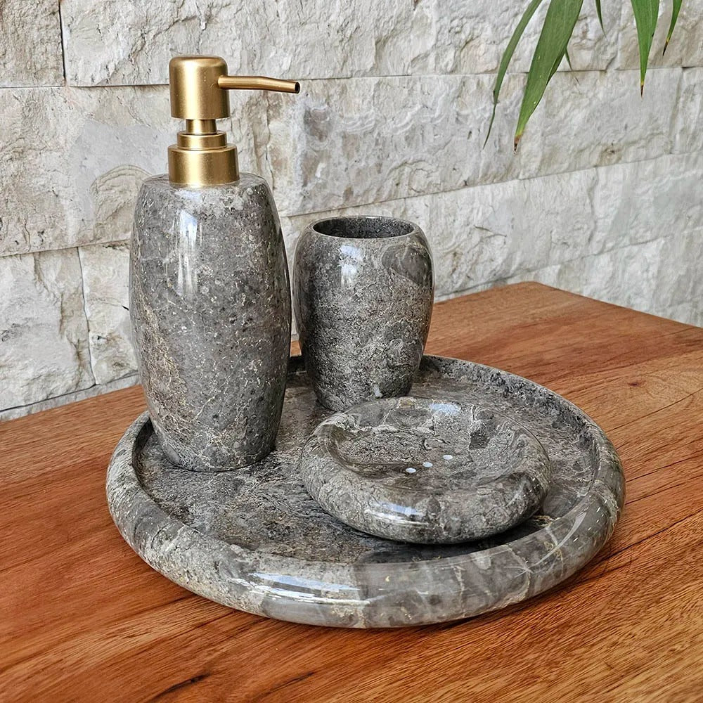 Conjunto de Banheiro em Mármore Natural Cinza - 4 peças
