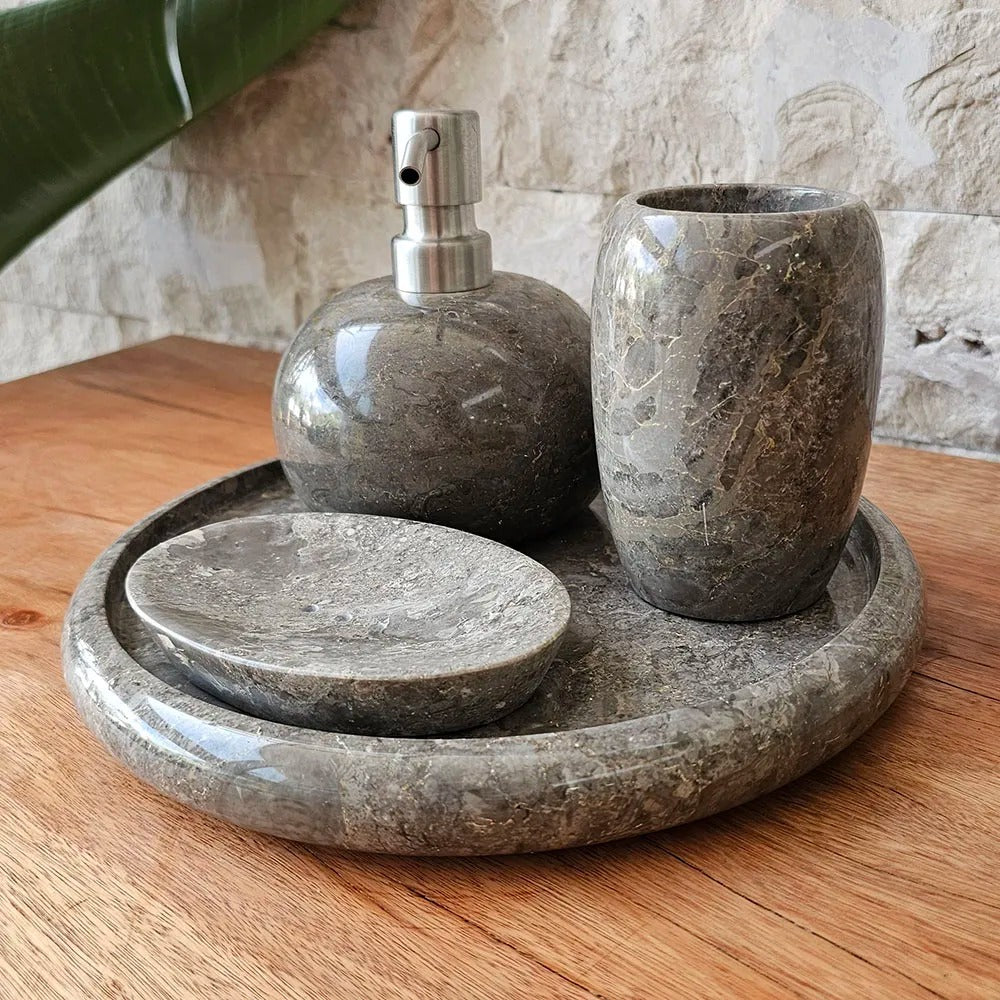 Conjunto de Banheiro em Mármore Natural Cinza - 4 peças