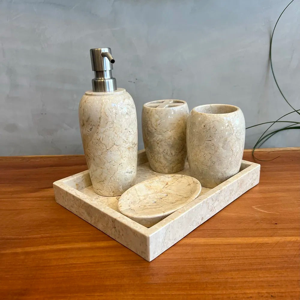 Conjunto de Banheiro em Mármore Natural Travertino Cream - 5 peças
