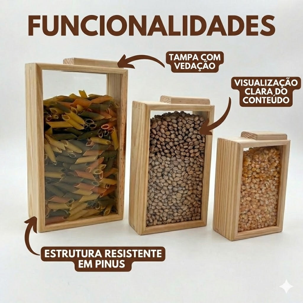 Kit 3 Porta Alimentos Organizador Pinus Ecológico Prático